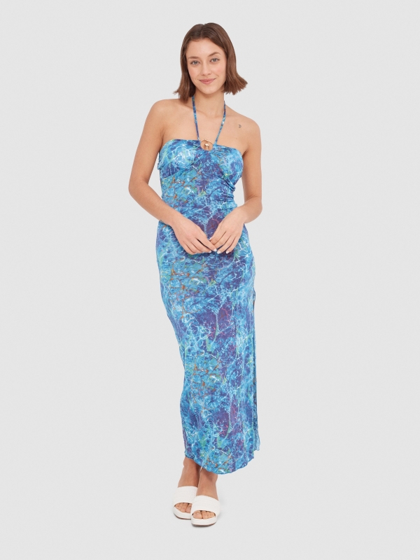 Dress knotted at the neck blue middle front view