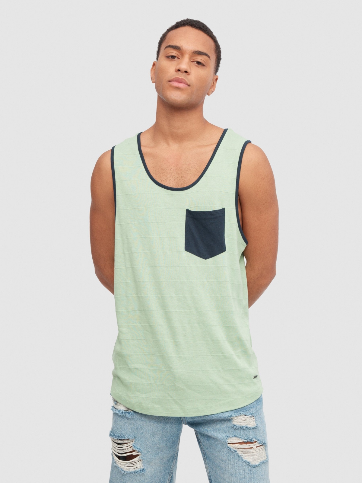 Camiseta rayas con bolsillo menta vista media frontal