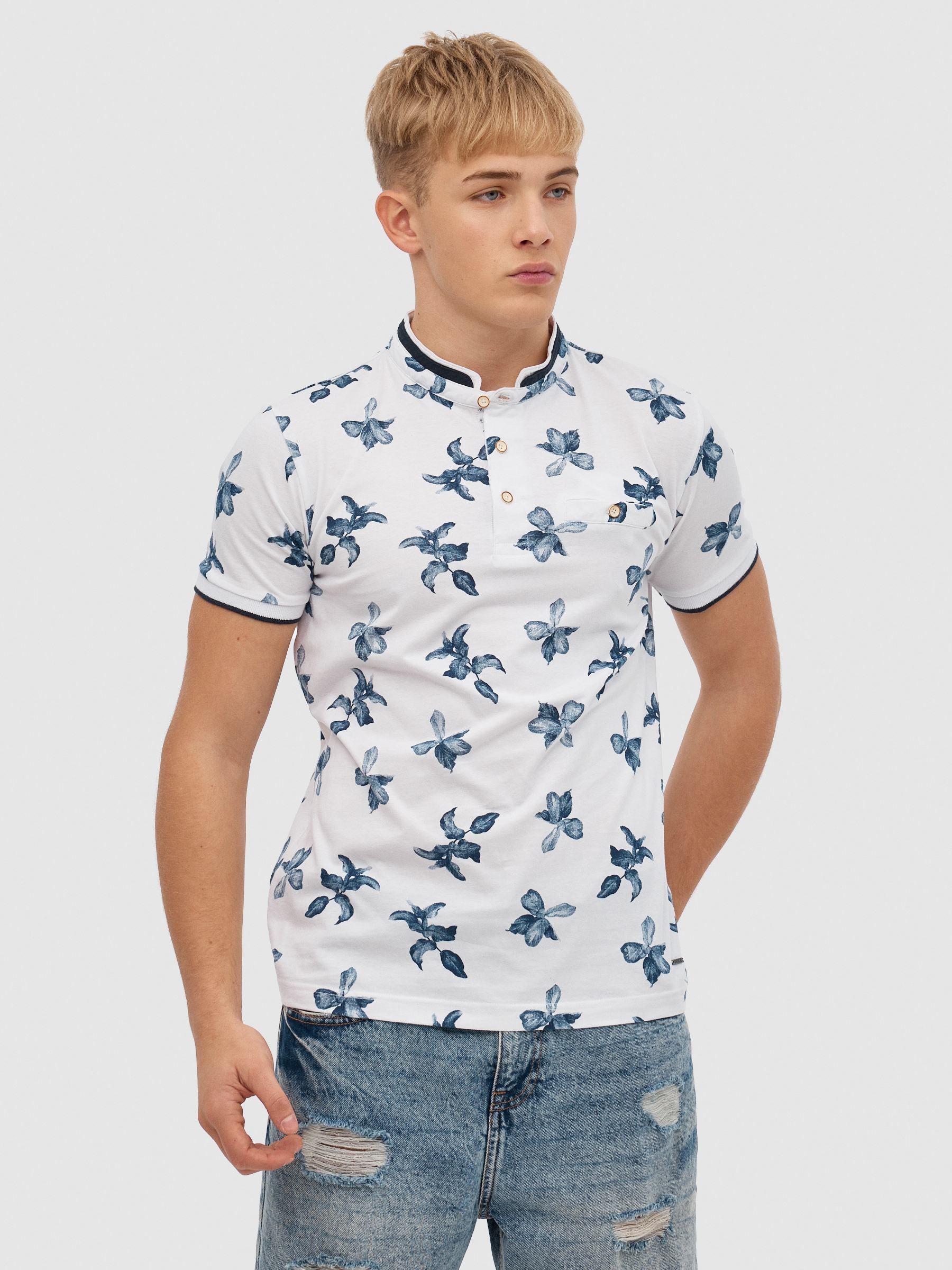 Tropical print polo white middle front view