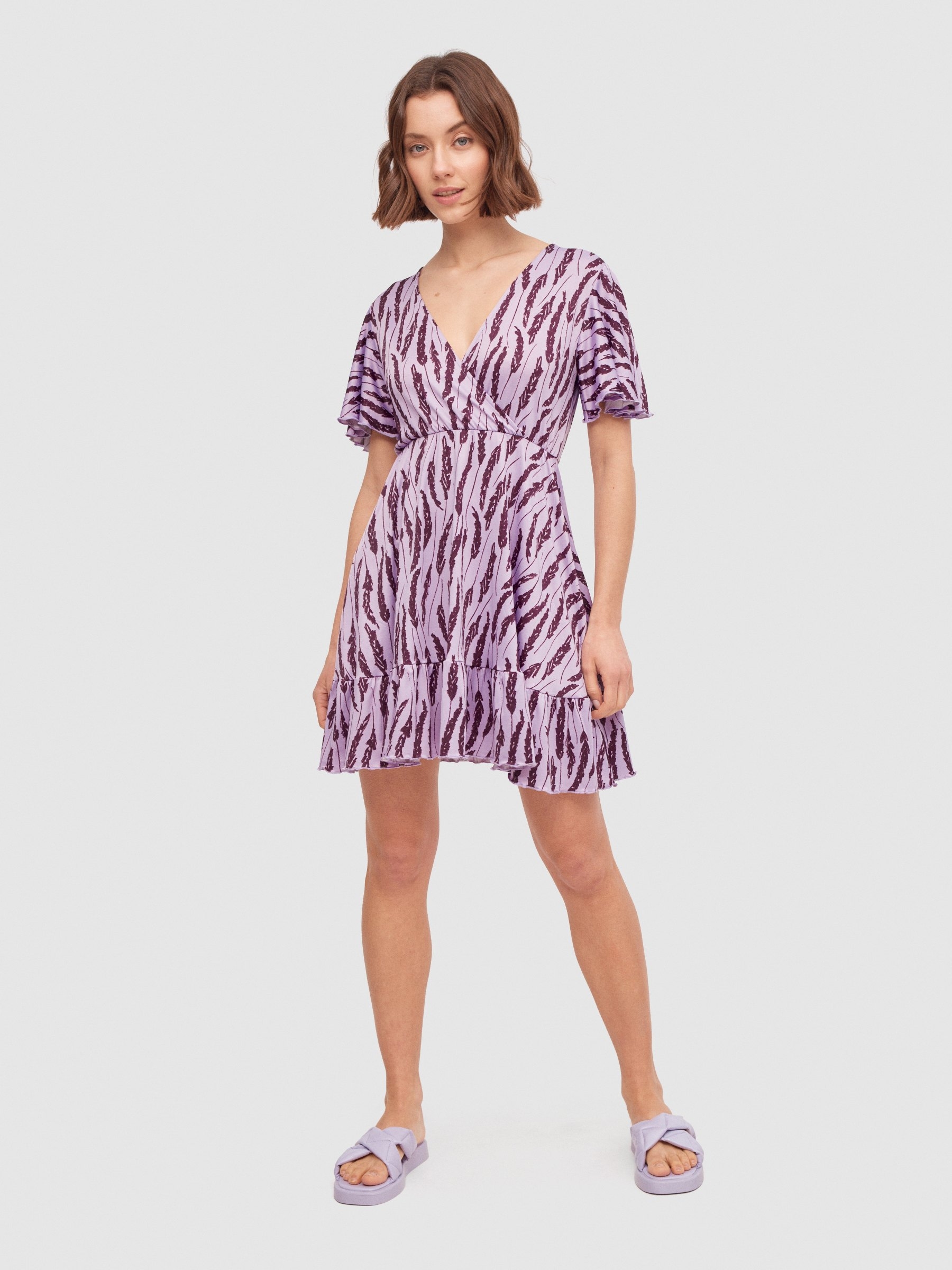 V neck short dress purple middle front view