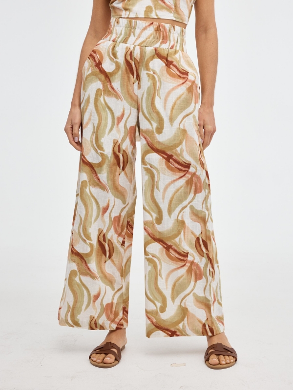 Printed wide-leg pants beige middle front view
