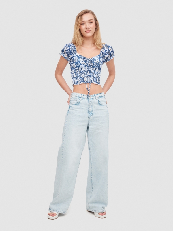 Gathered T-shirt electric blue front view