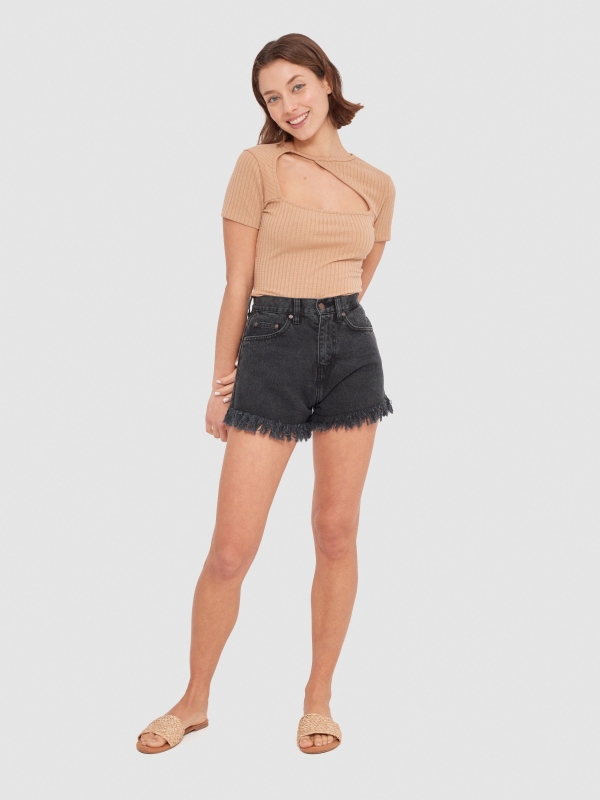 Asymmetric cut out t-shirt brown general front view