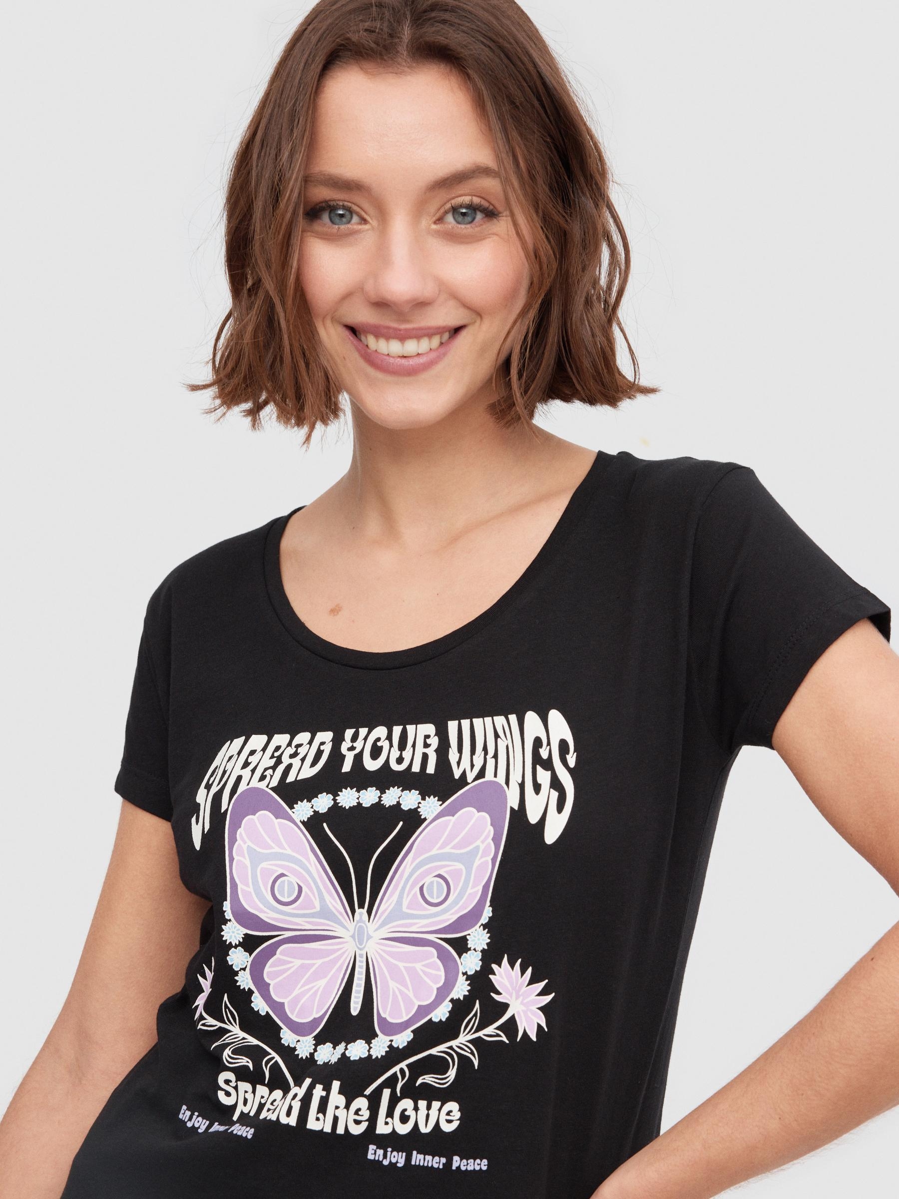 Camiseta crop Mariposa negro vista media frontal