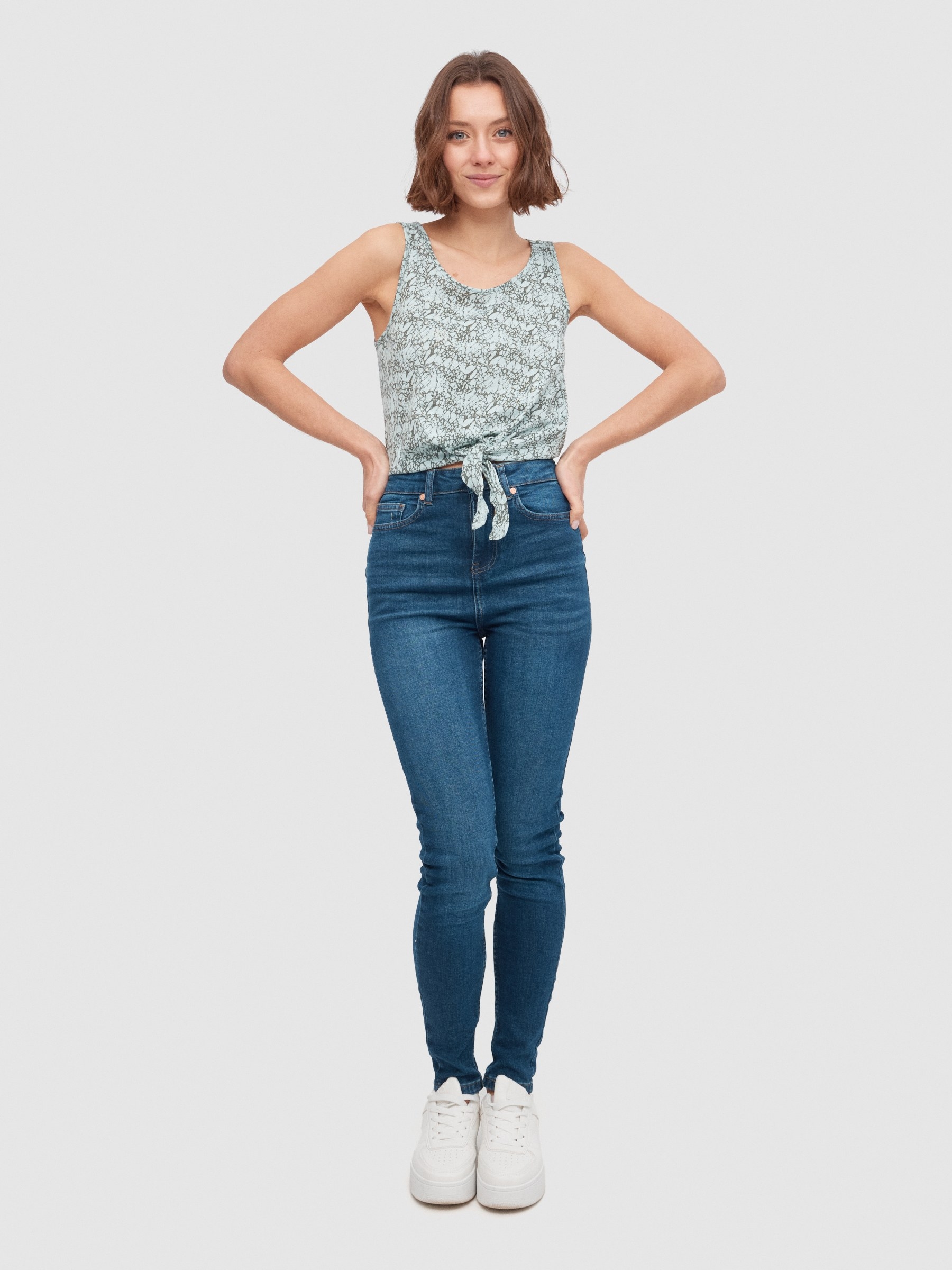 T-shirt com nó com estampado animal teal vista meia frontal