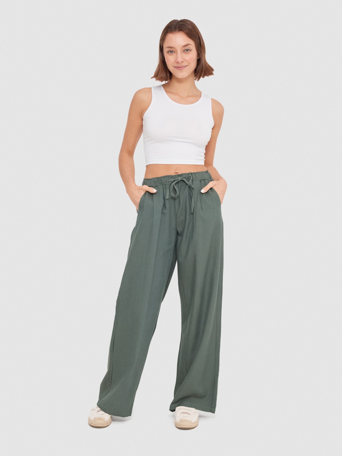 Pantalón wide-leg lino verde oscuro vista general frontal