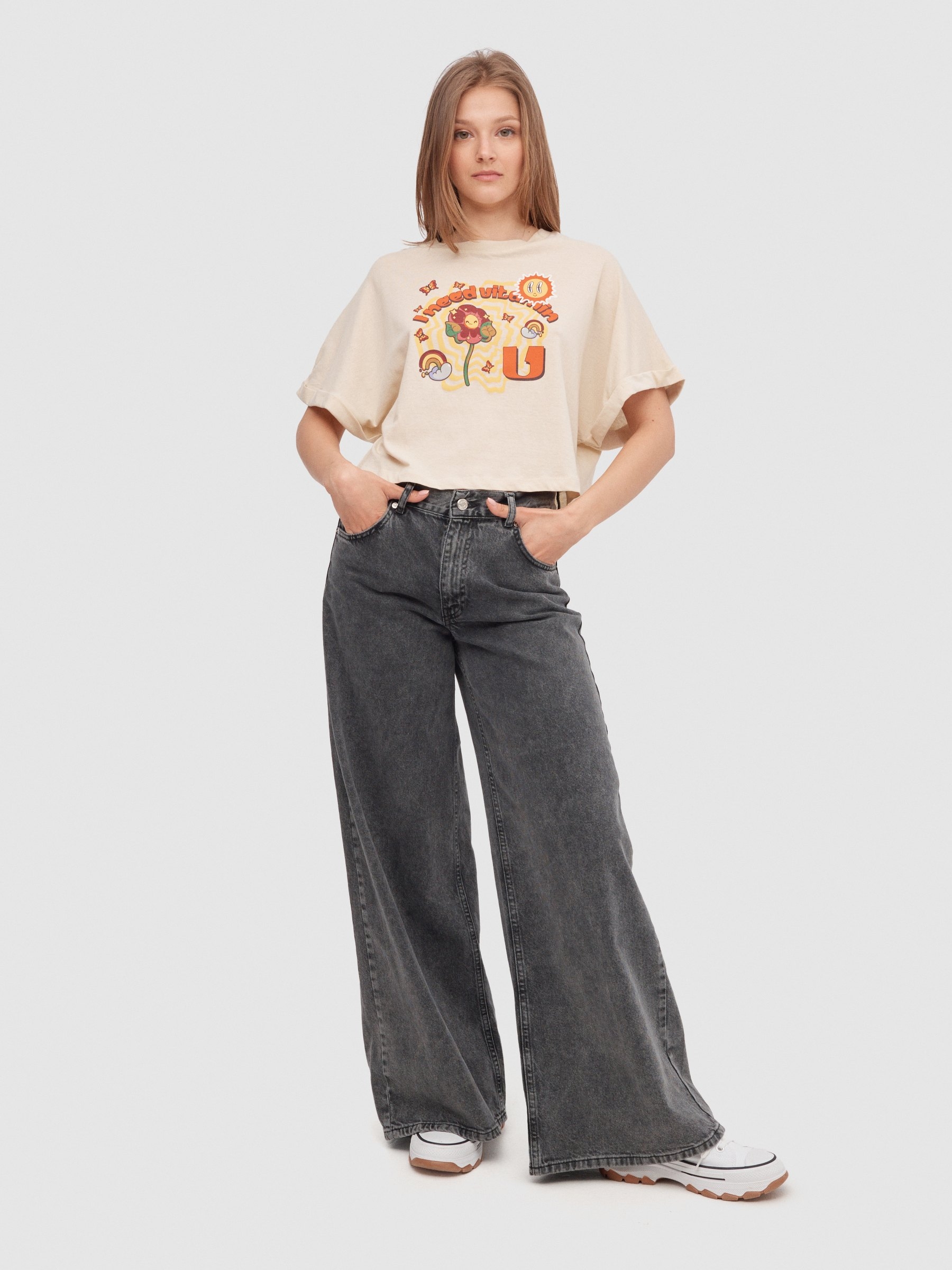 T-shirt crop Vitamin areia vista meia frontal