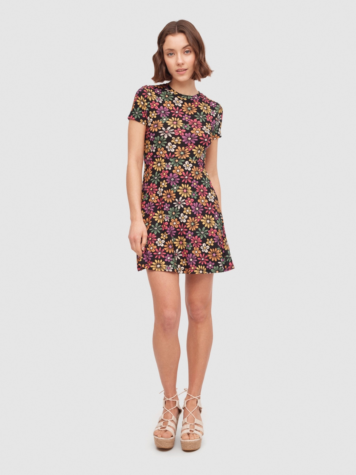 Daisy print short-sleeve mini dress multicolor front view