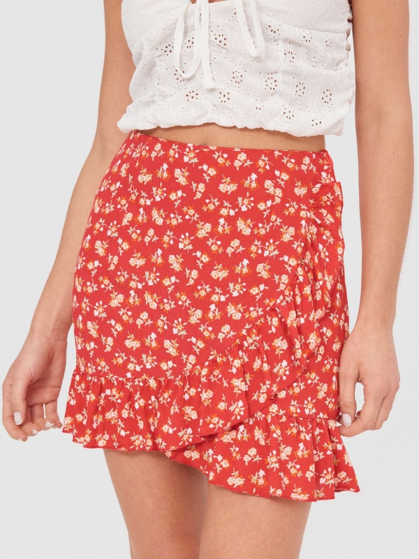 Falda mini pareo volantes rojo vista detalle