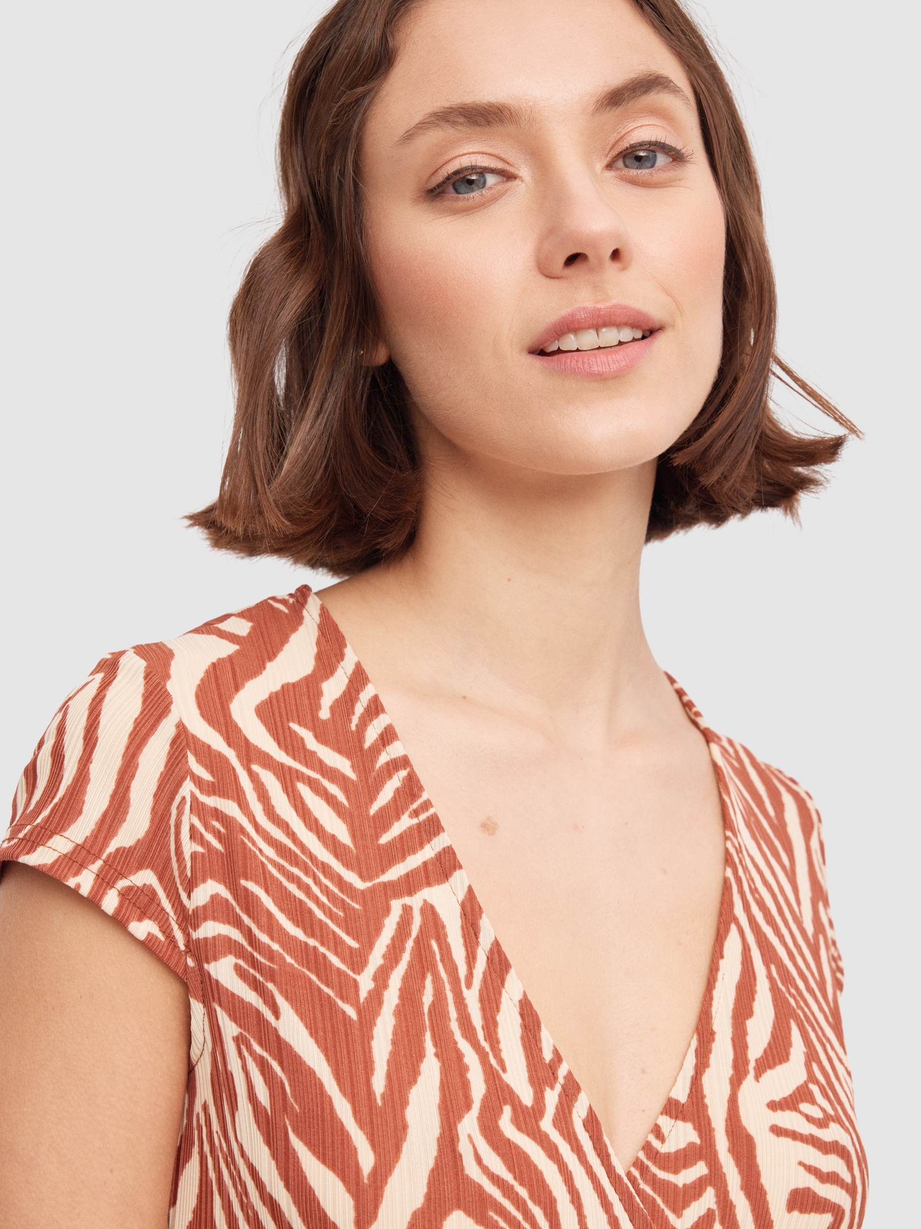 Tiger crossover neckline mini dress sand middle front view