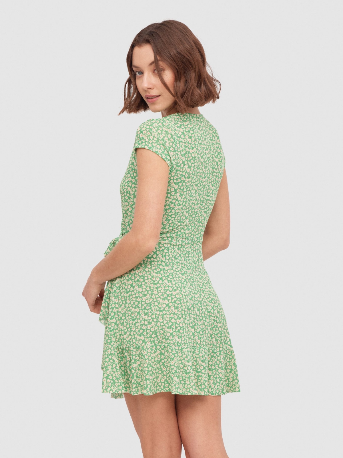 Vestido mini flores lazada menta vista media trasera