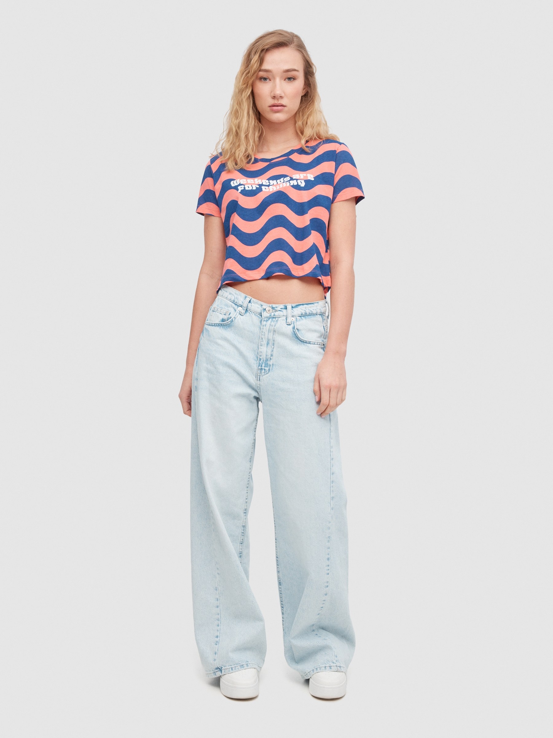 T-shirt crop waves coral vista meia frontal