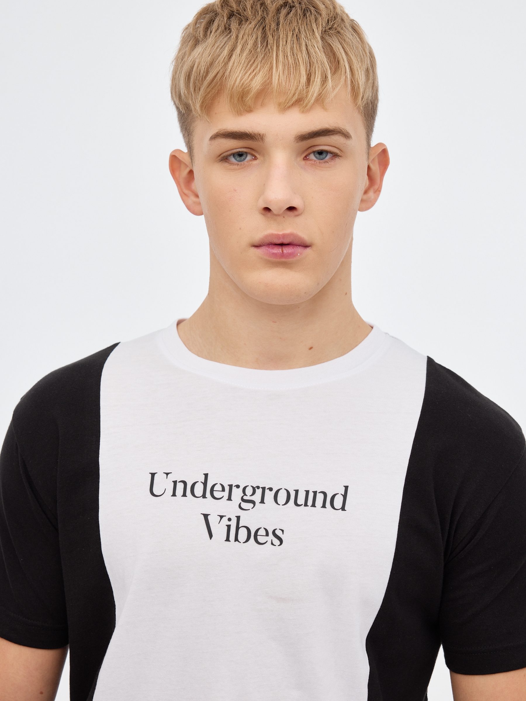 T-shirt minimalista com blocos de cores preto vista meia traseira