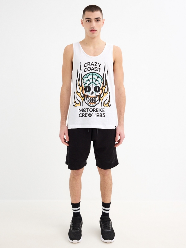 Camiseta tirantes calavera fuego blanco vista general frontal