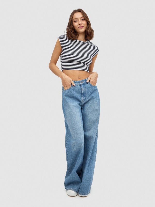 Sleeveless striped top navy front view