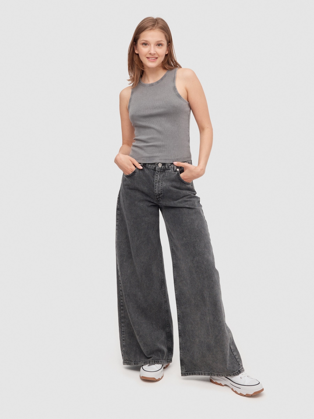 T-shirt rib washed effect grey front view