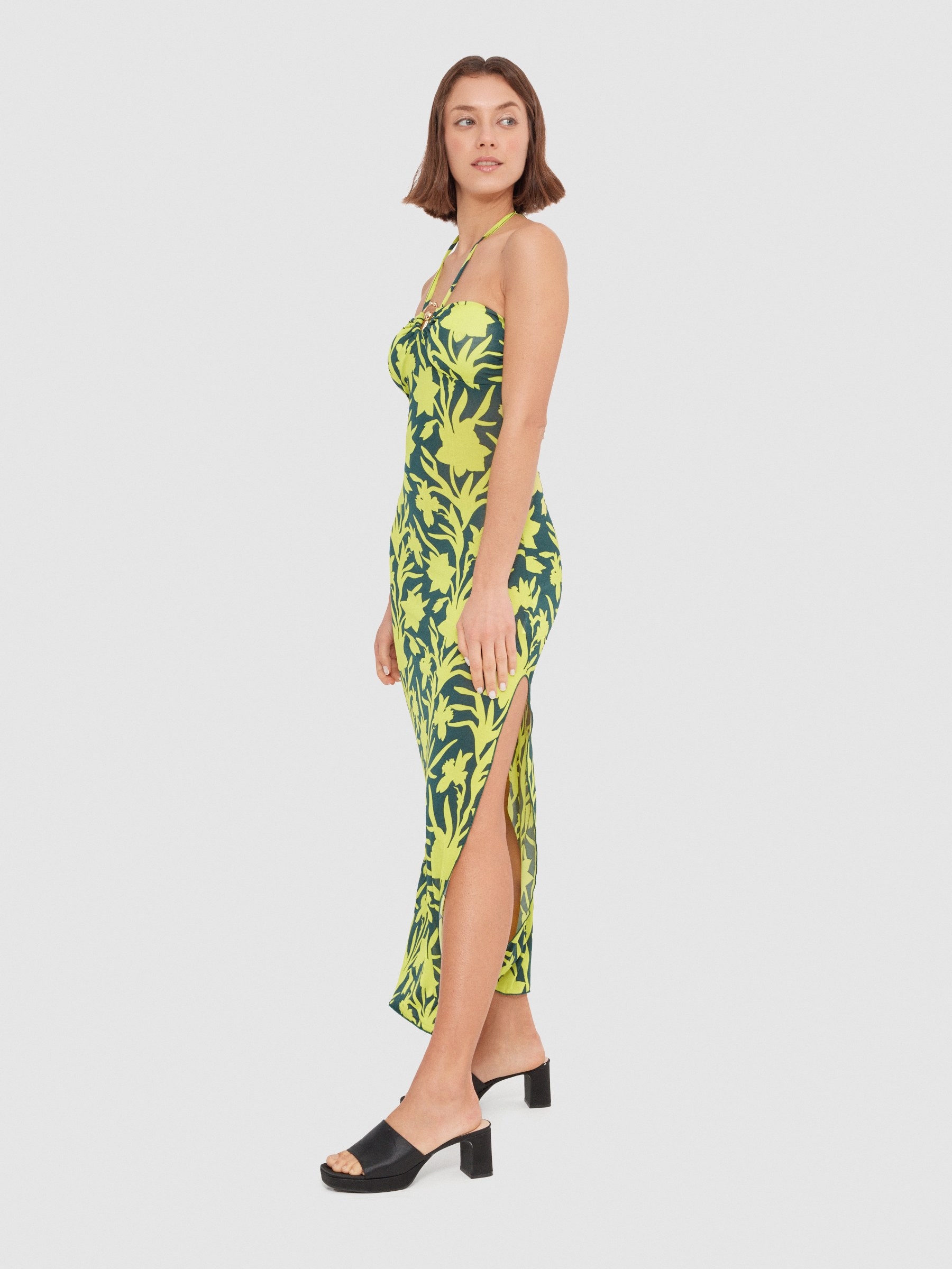 Dress knotted at the neck lime middle front view