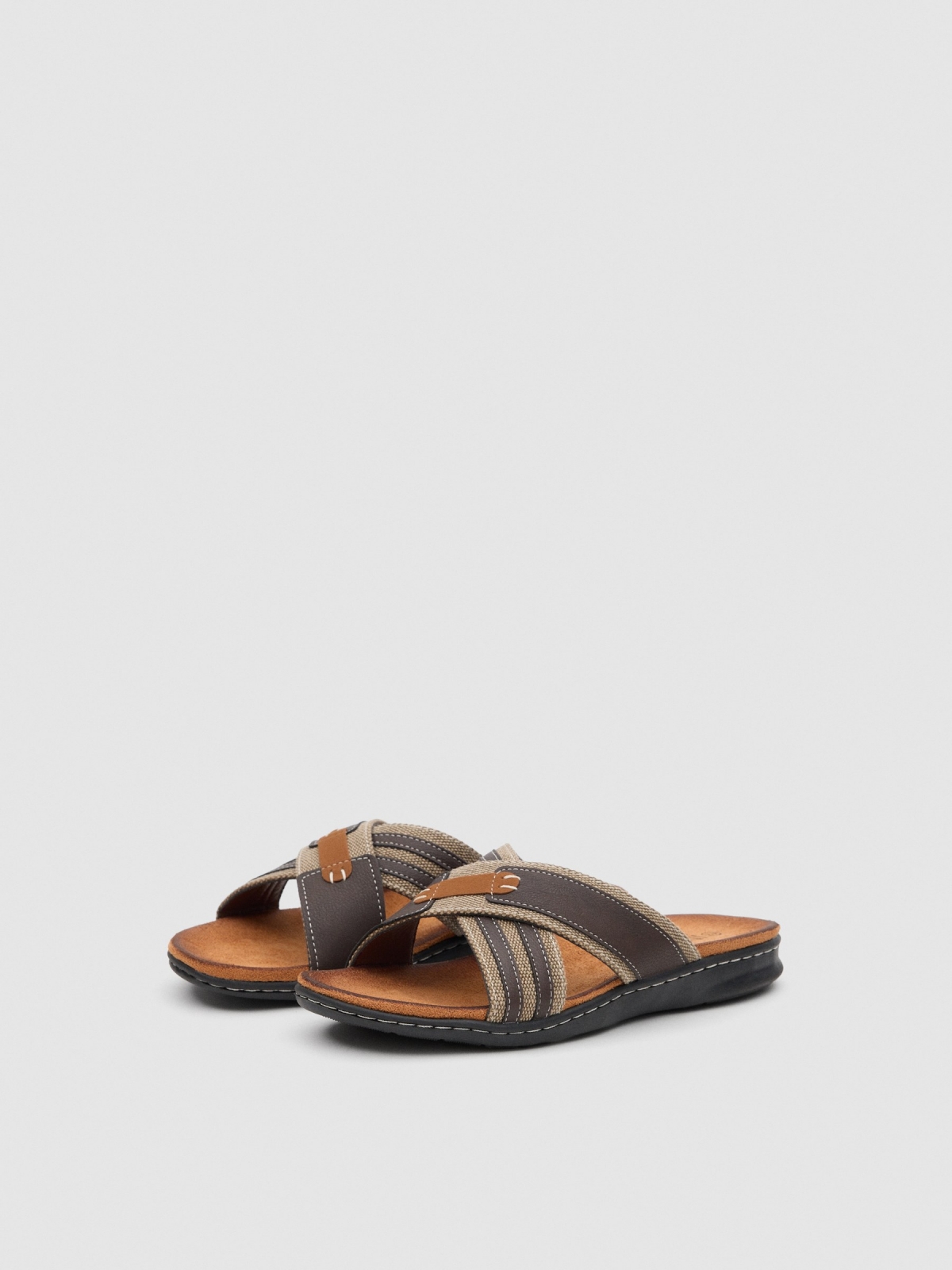 Canvas cross sandal dark brown 45º front view