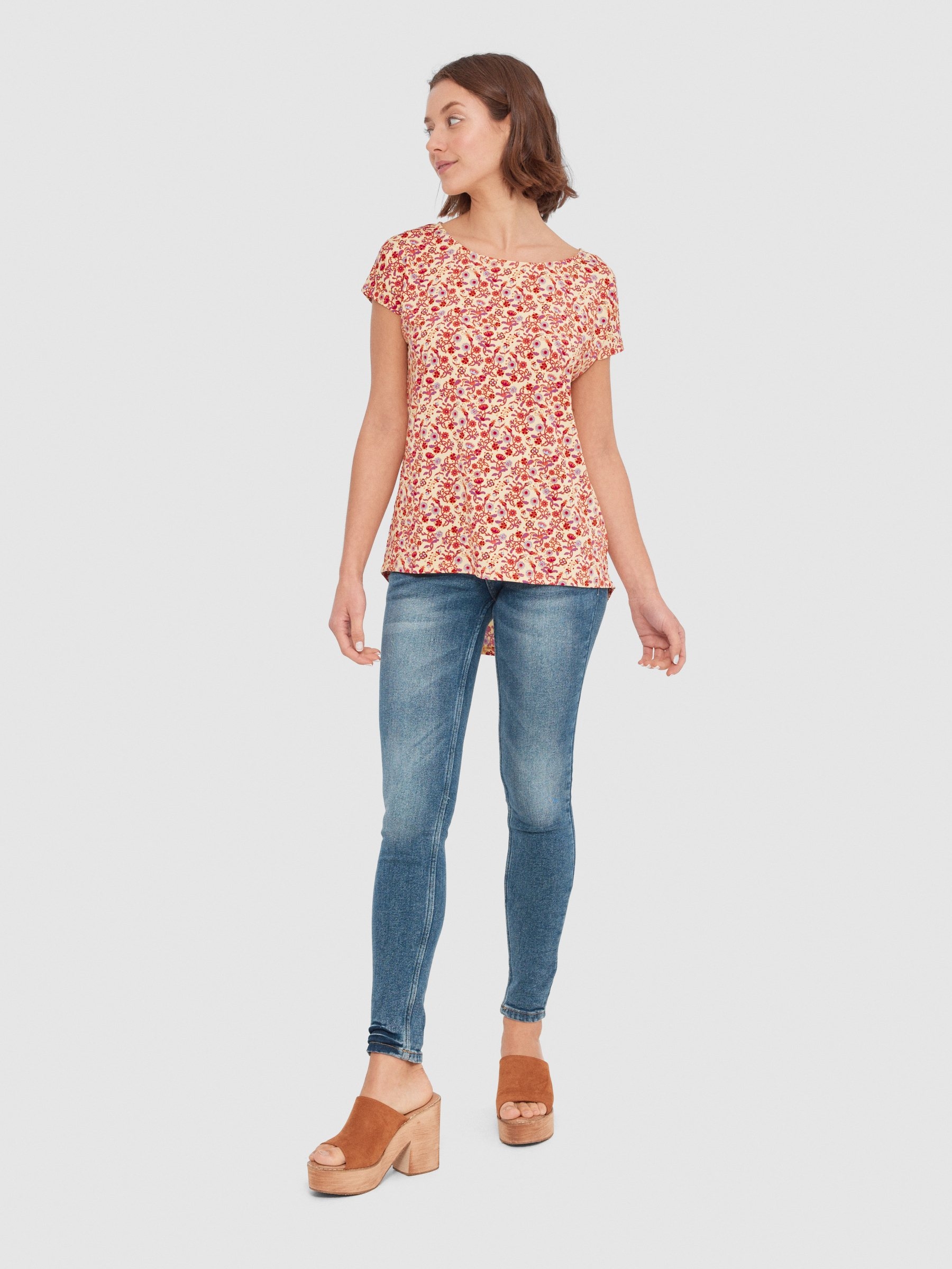 Floral sleeveless T-shirt. sand middle front view