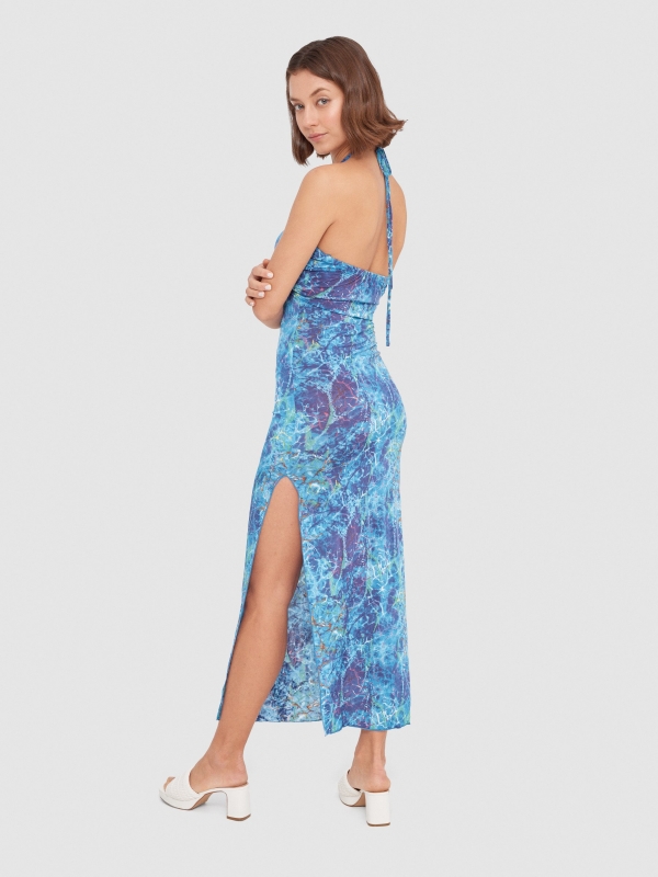 Vestido anudado al cuello azul vista media trasera