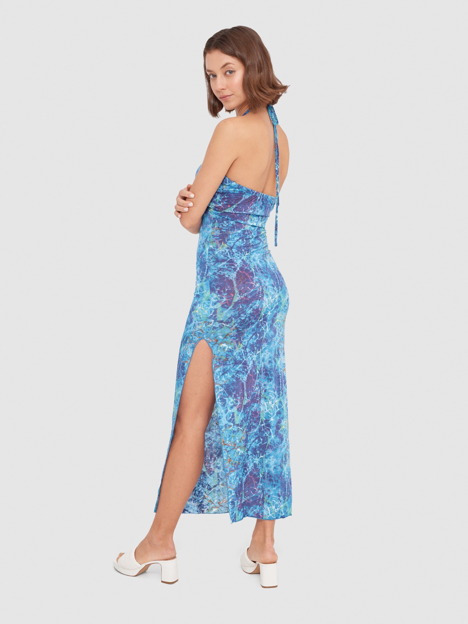 Vestido anudado al cuello azul vista media frontal