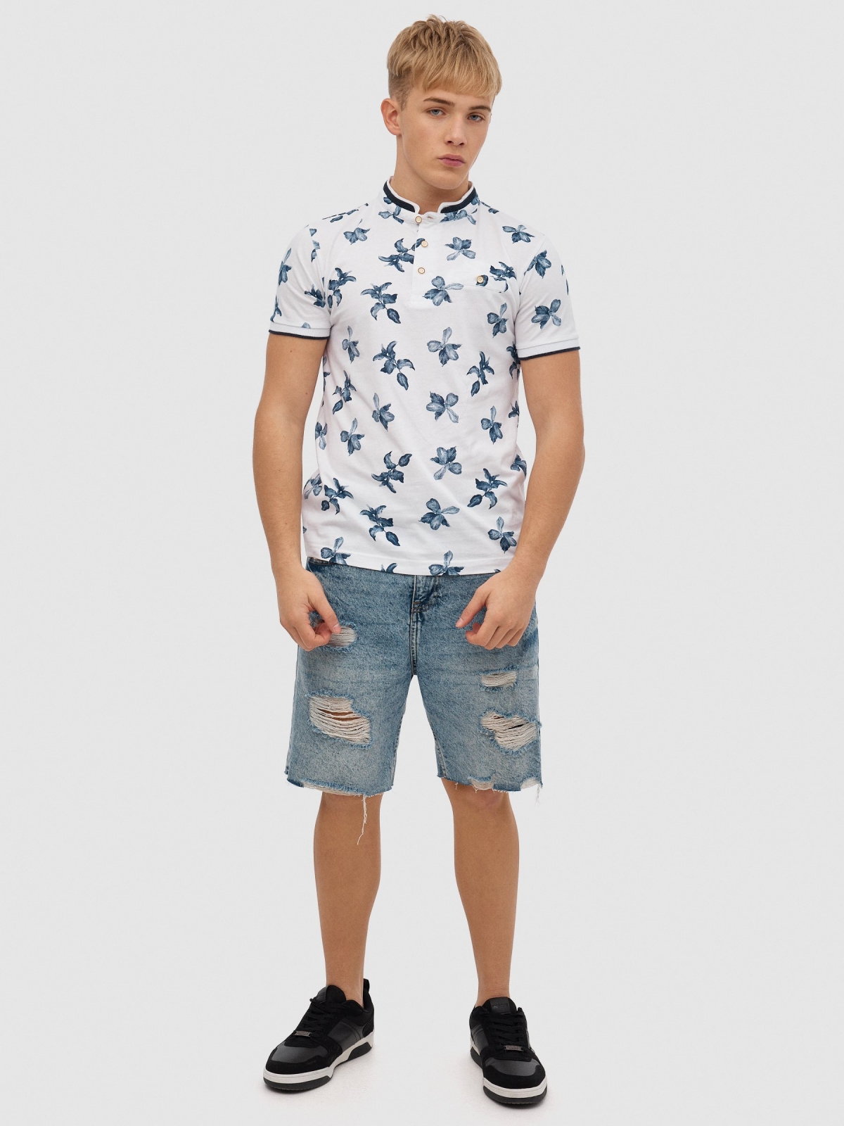 Tropical print polo white front view