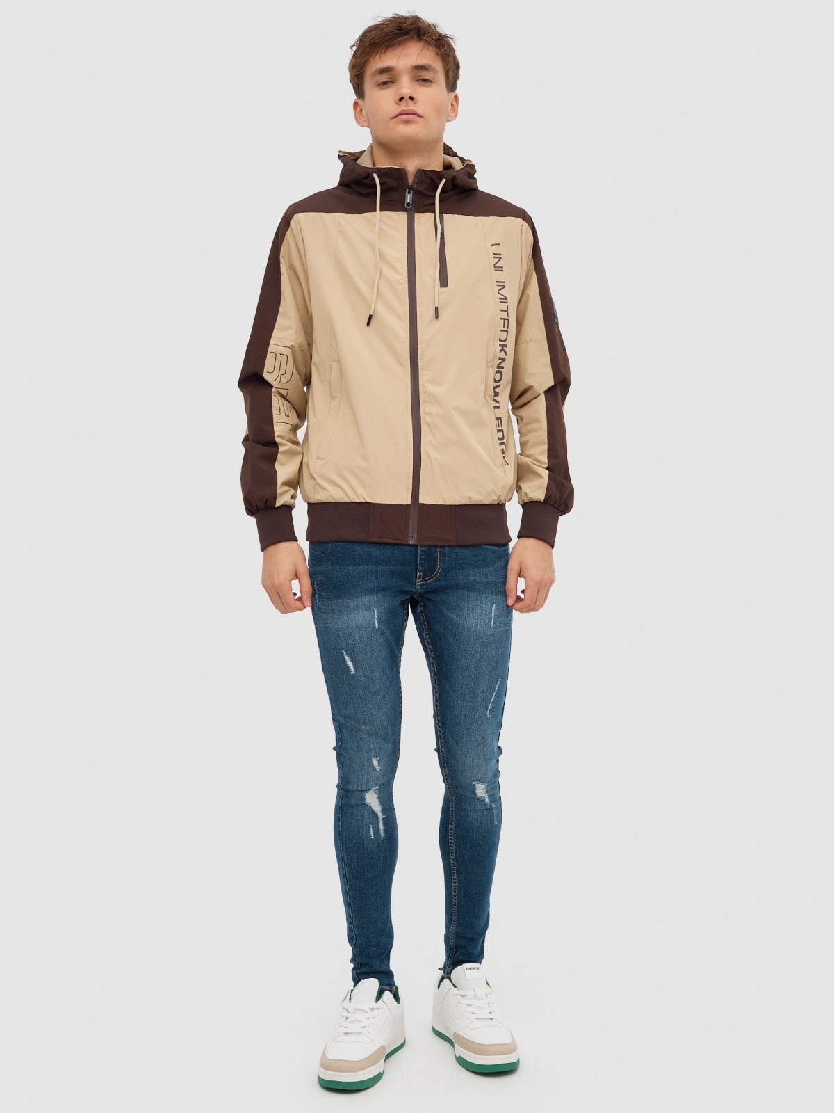 Jacket with hood sand general front view