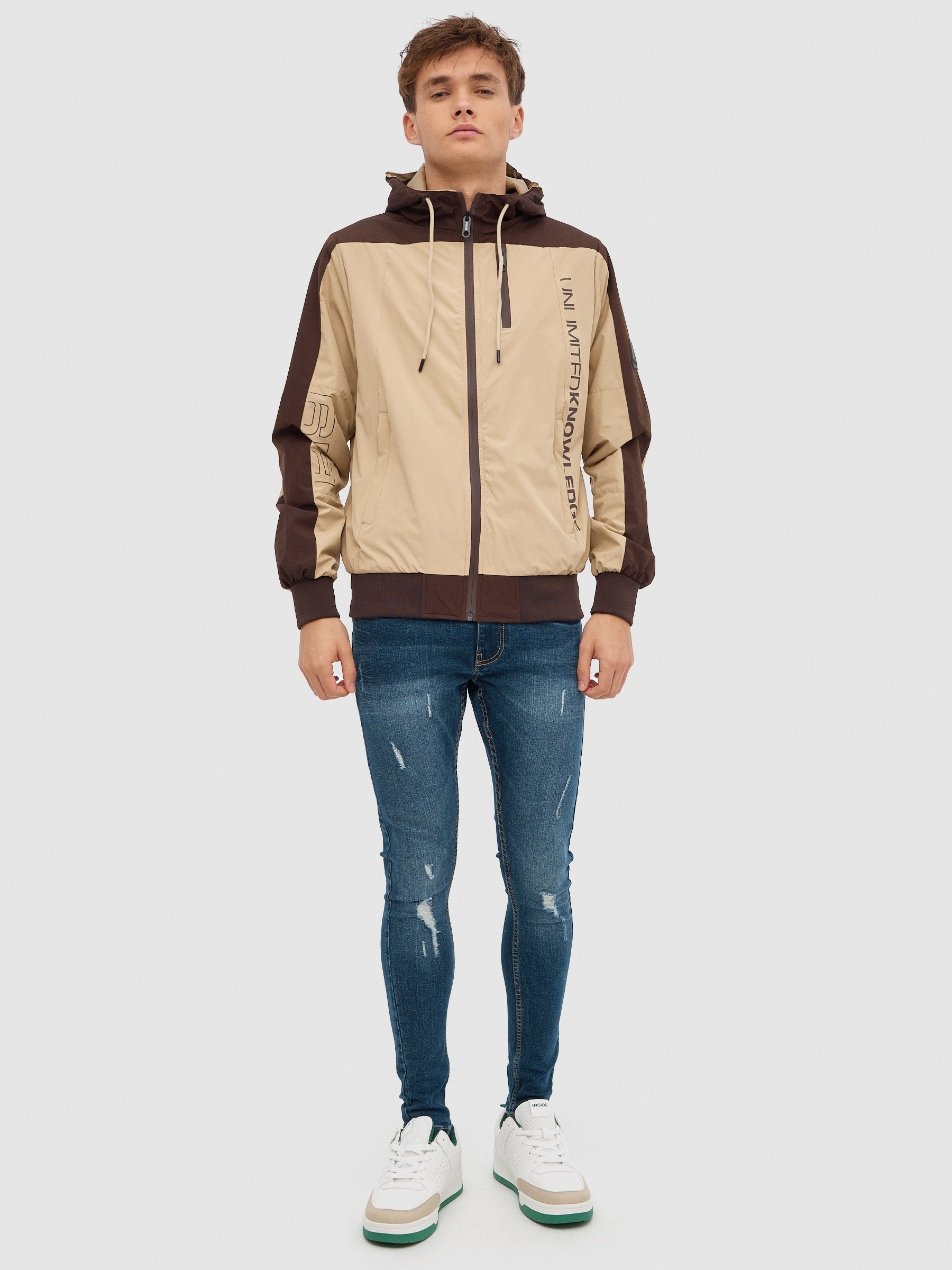 Jacket with hood sand middle front view