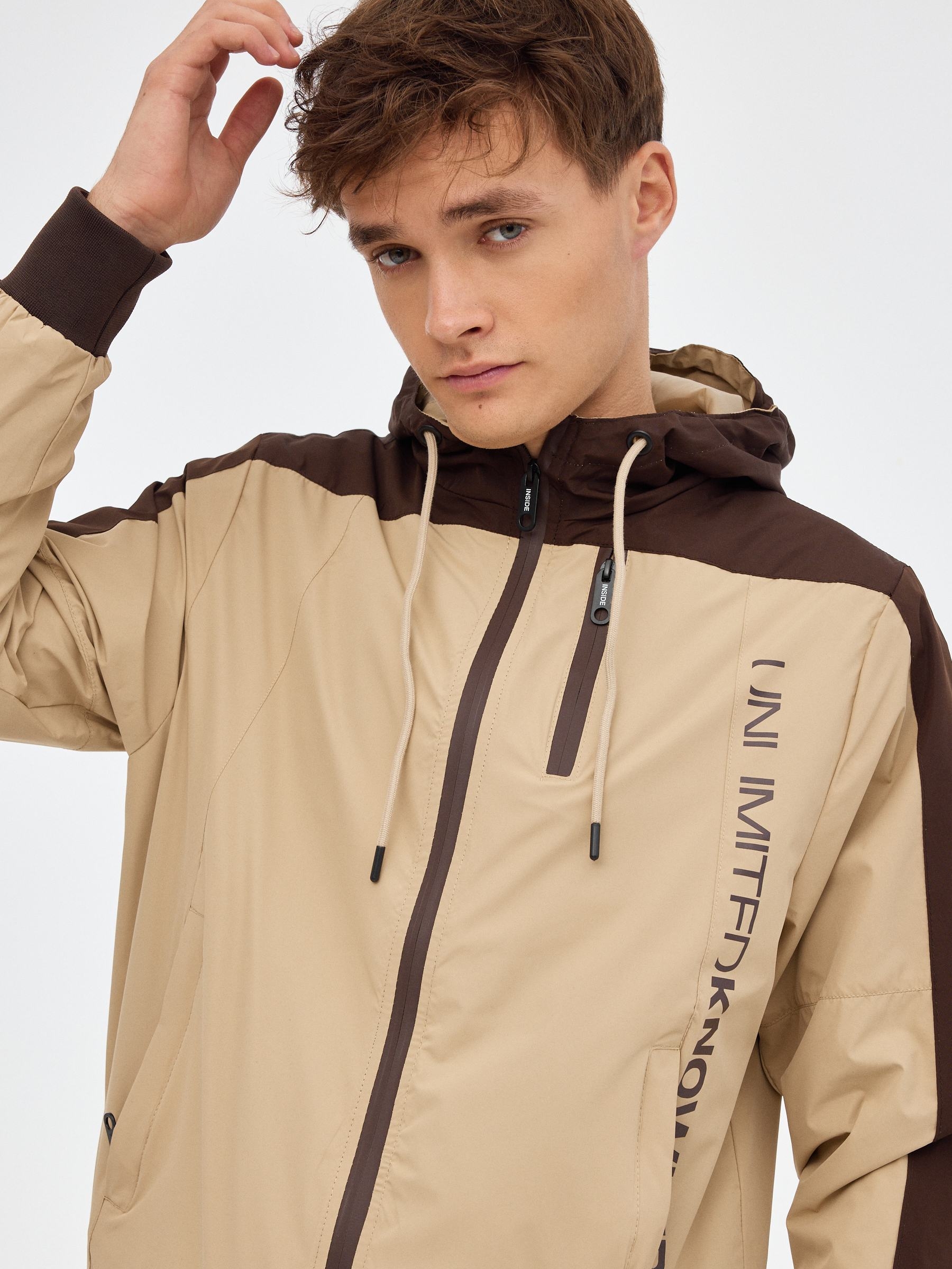 Jacket with hood sand middle front view