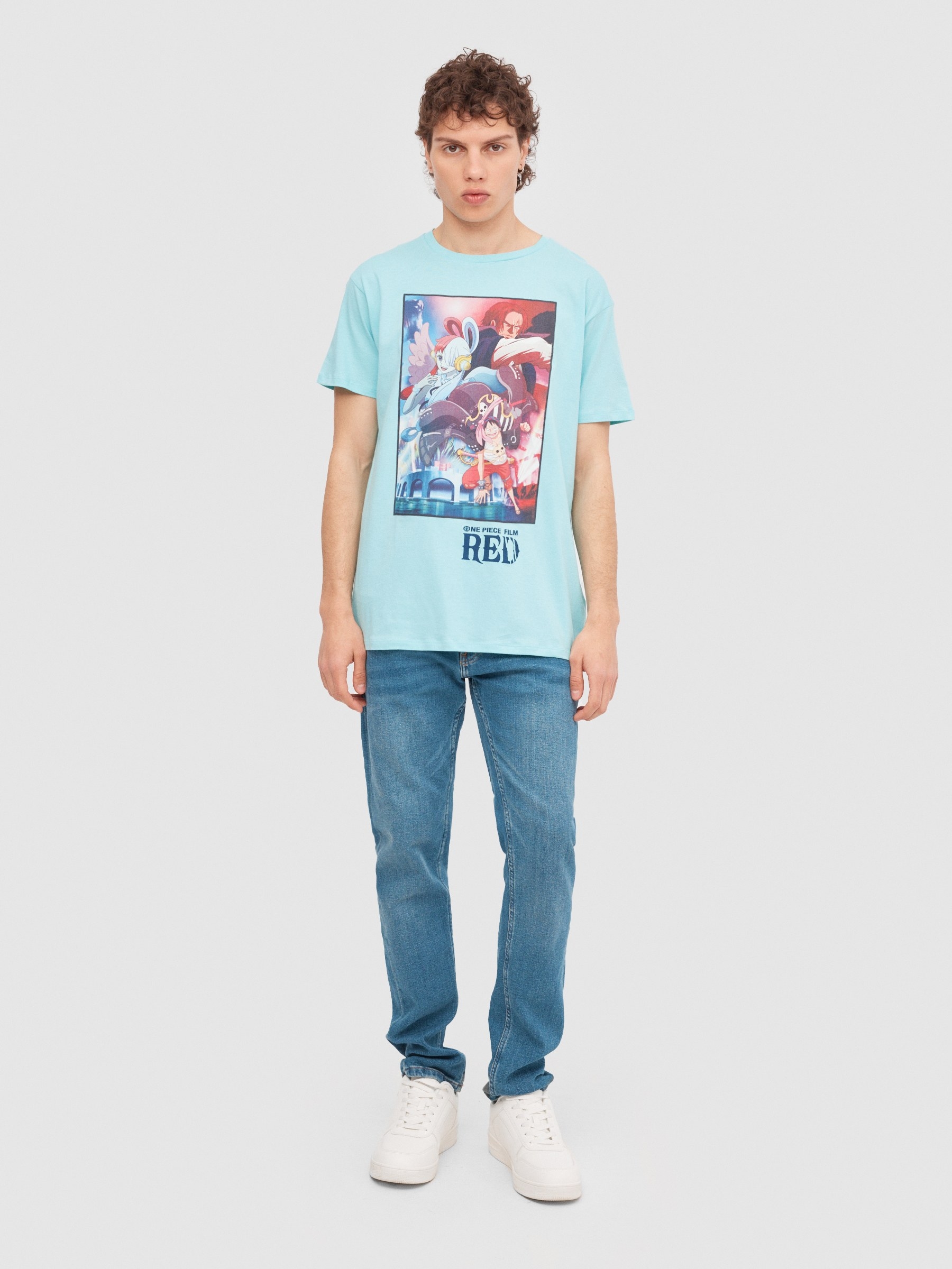 T-Shirt Filme One Piece azul claro vista meia frontal