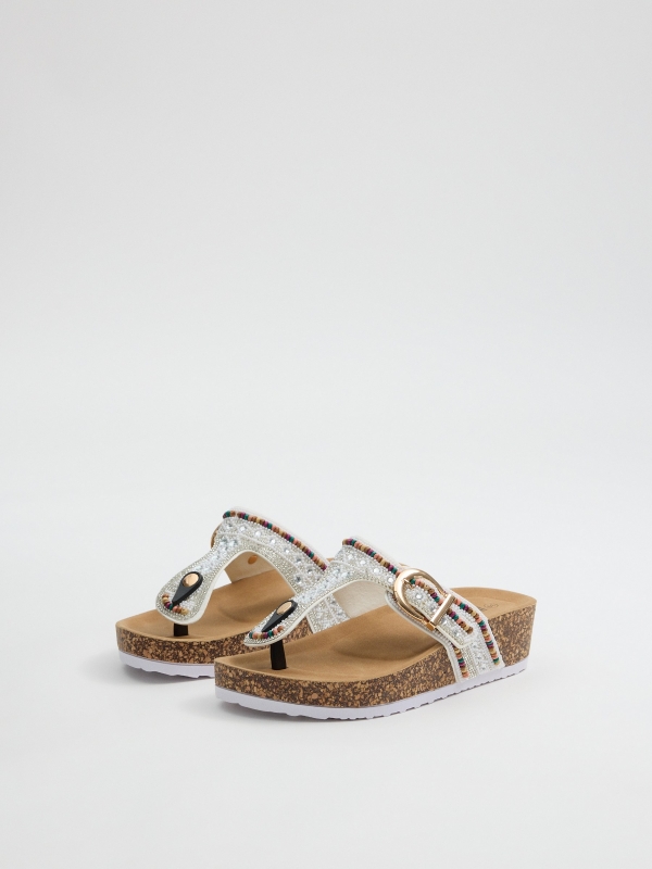 Sandalias cuña pedrería blanco vista frontal 45º