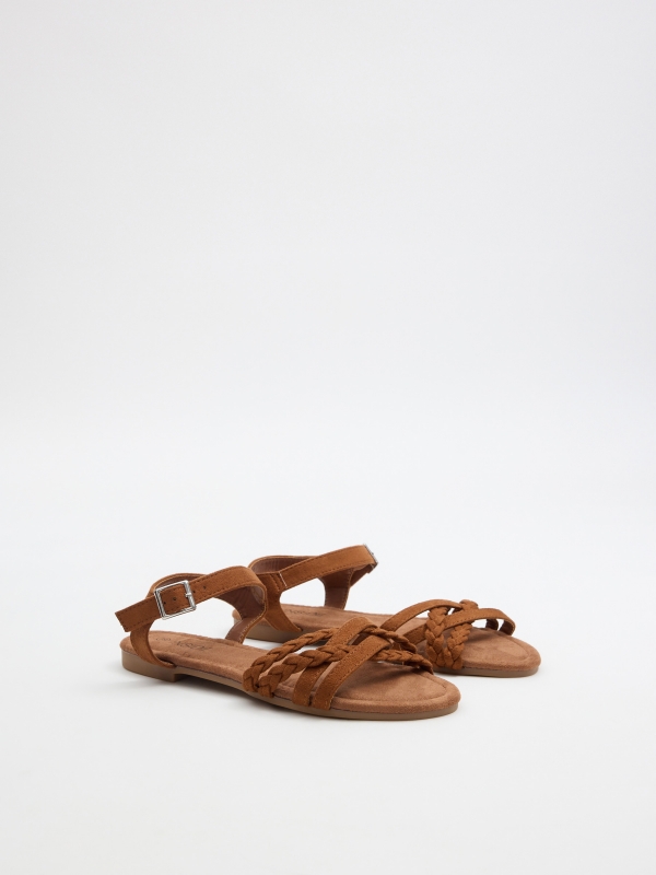 Brown braided strap sandal light brown 45º front view