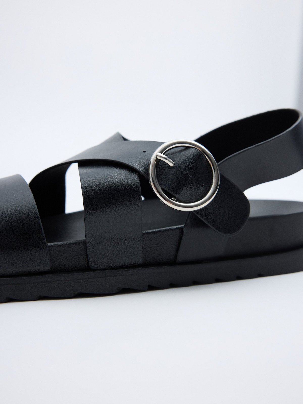 Black faux leather cross sandals black 45º front view