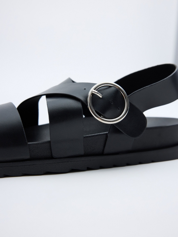 Black faux leather cross sandals black 45º front view