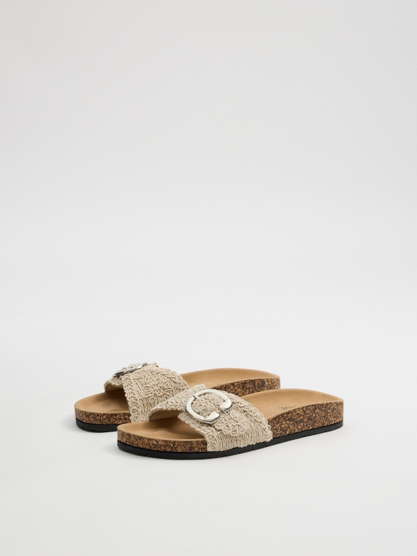 Embroidered slide sandal beige 45º front view
