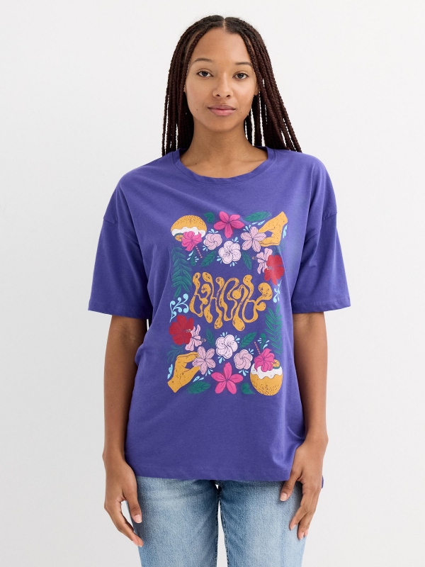 Tropical short-sleeve t-shirt steel blue middle front view