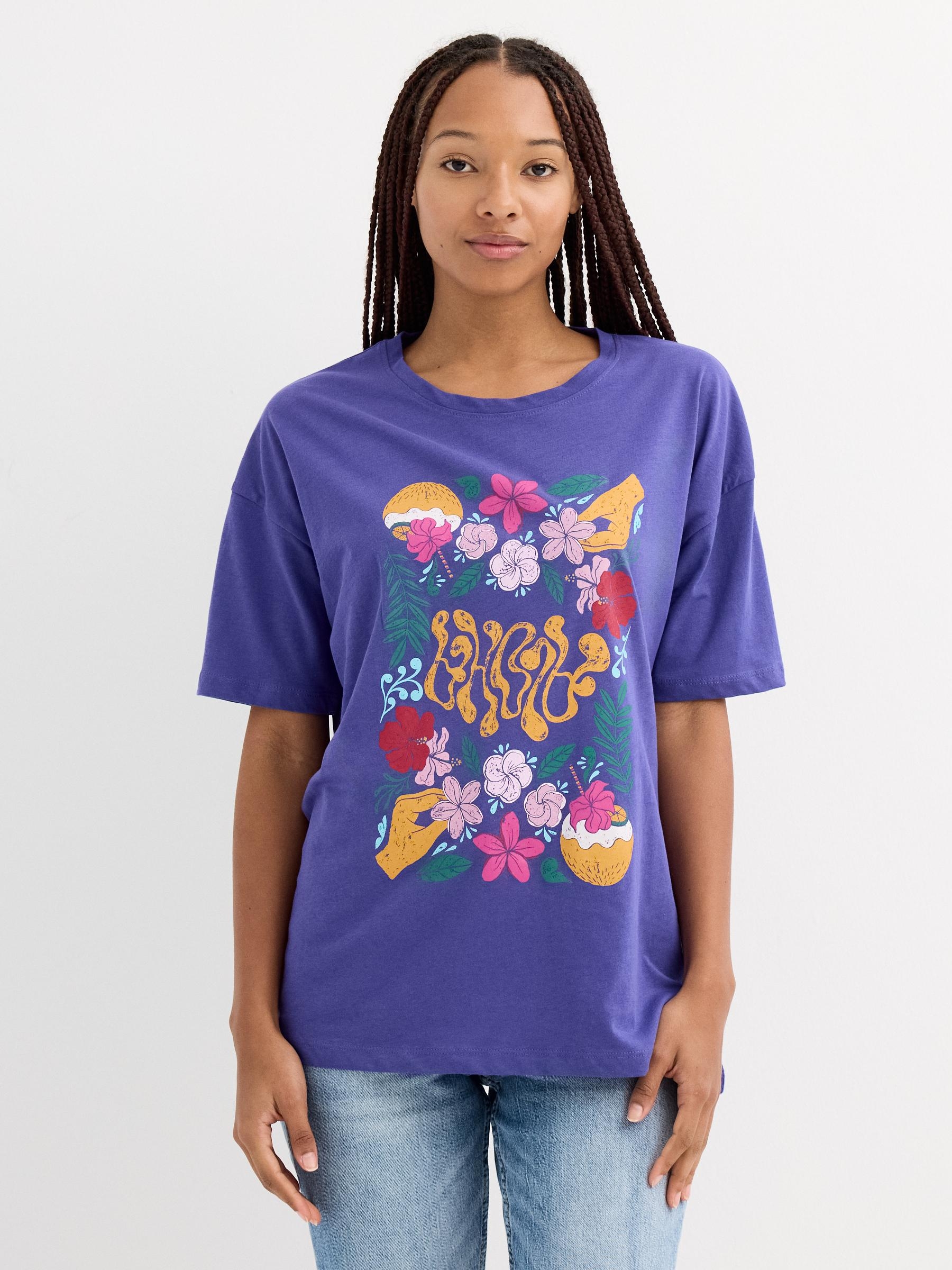 Tropical short-sleeve t-shirt steel blue middle front view