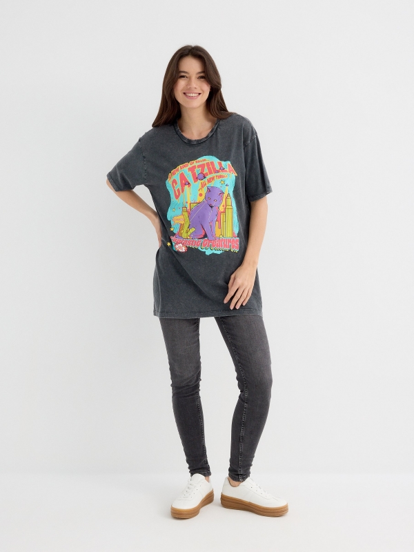 Camiseta oversized CATZILLA cinza escuro vista geral frontal