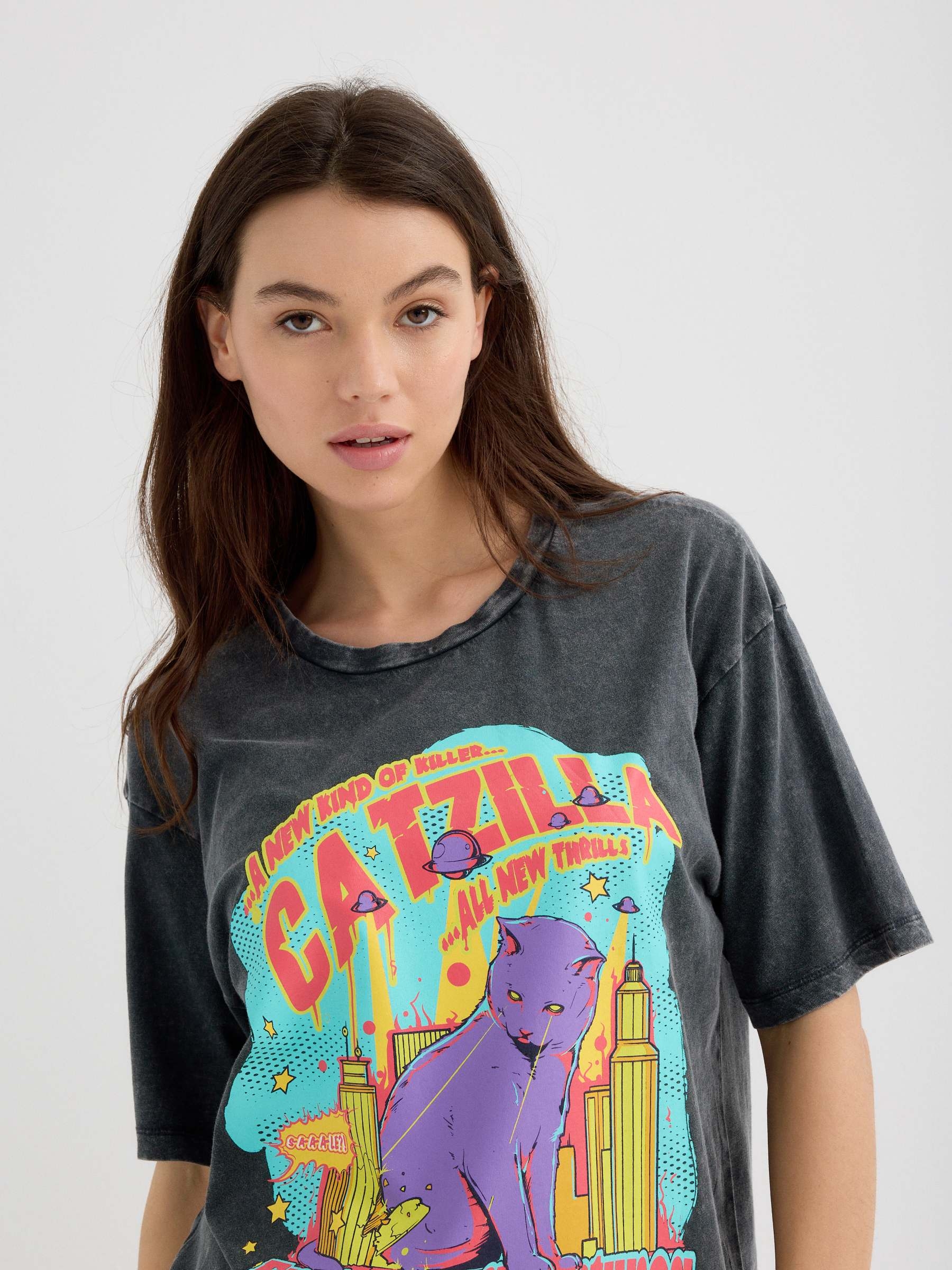 Camiseta oversize CATZILLA gris oscuro vista media frontal