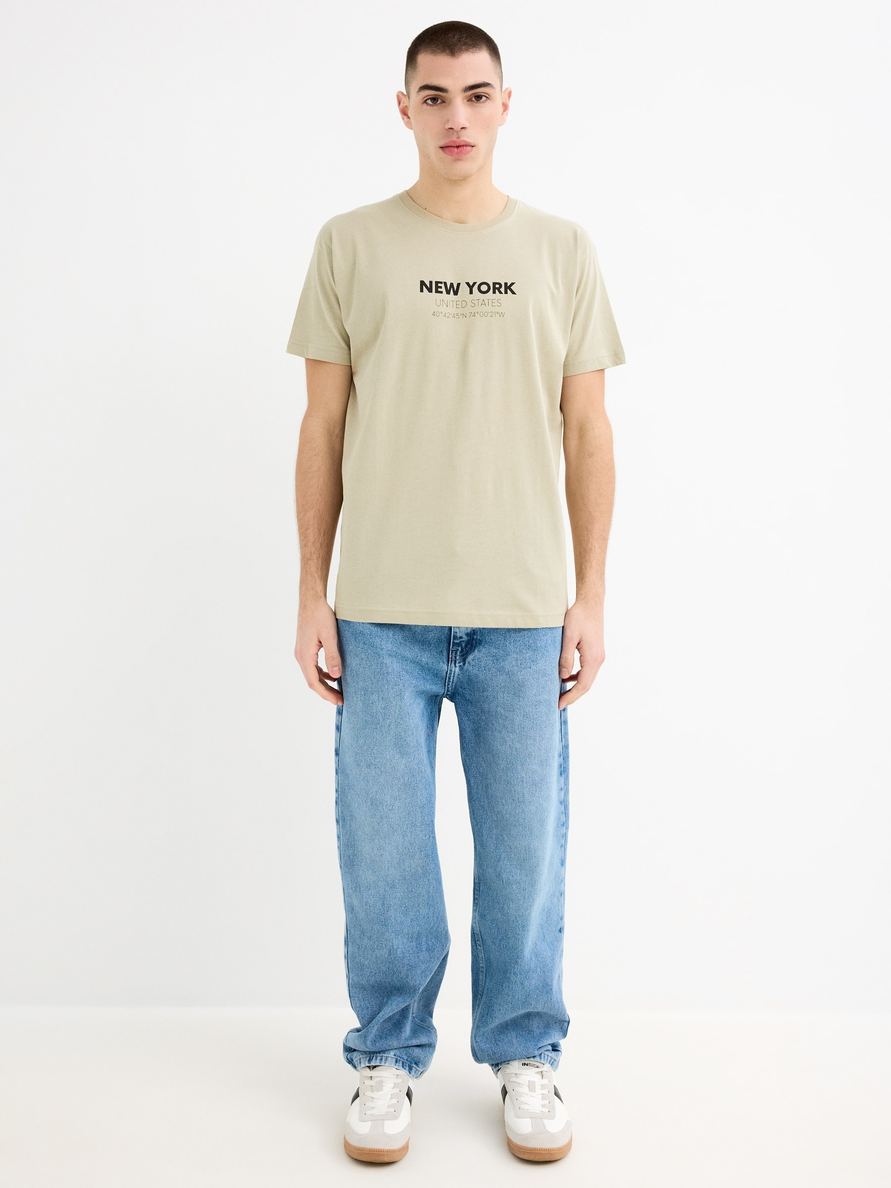 Camiseta de manga curta Nova Iorque verde acinzentado vista meia frontal