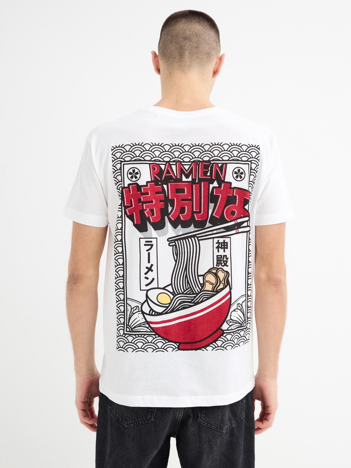 Camiseta manga corta Ramen blanco vista media trasera