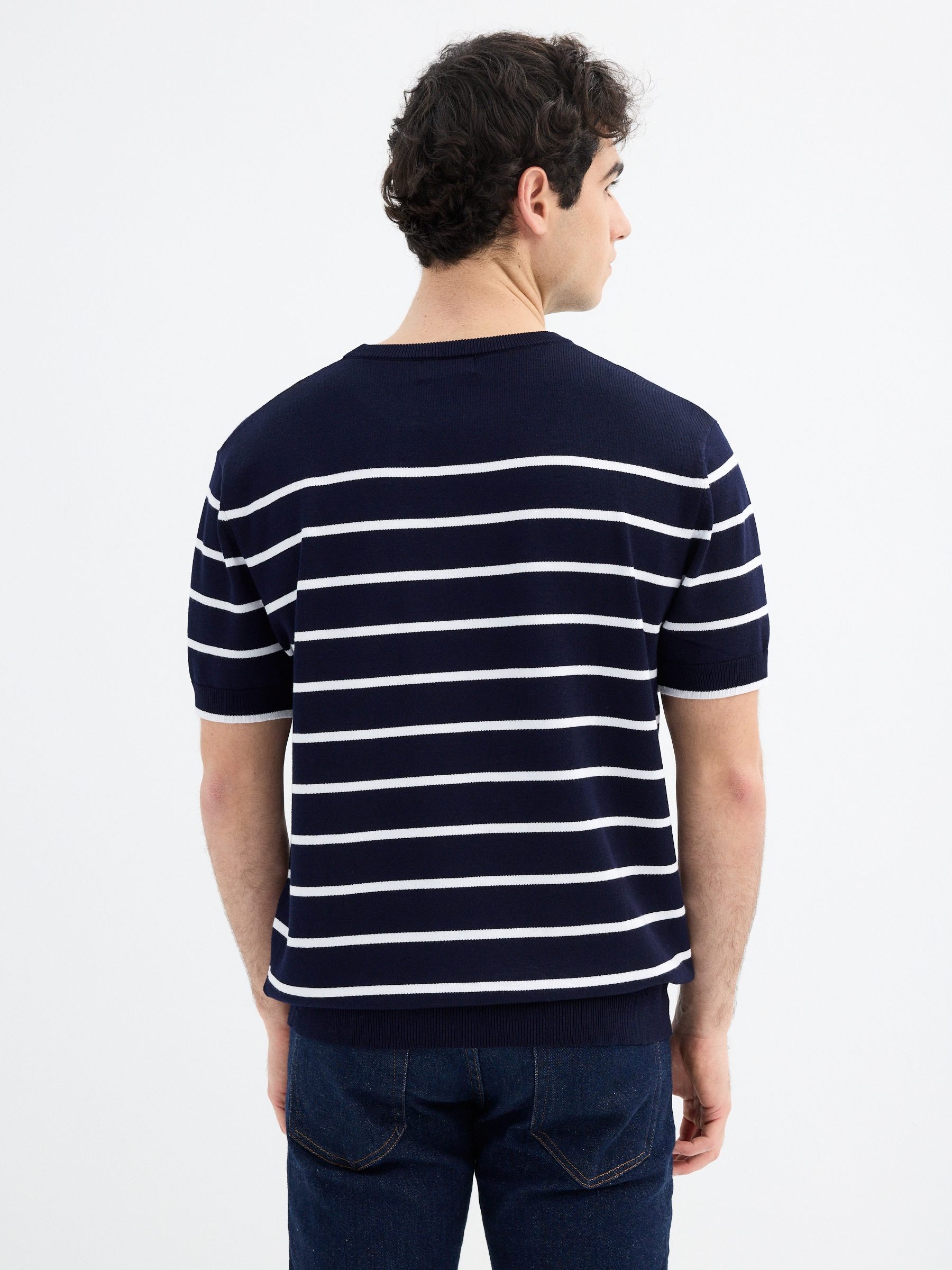 Short sleeve striped knit shirt navy middle front view