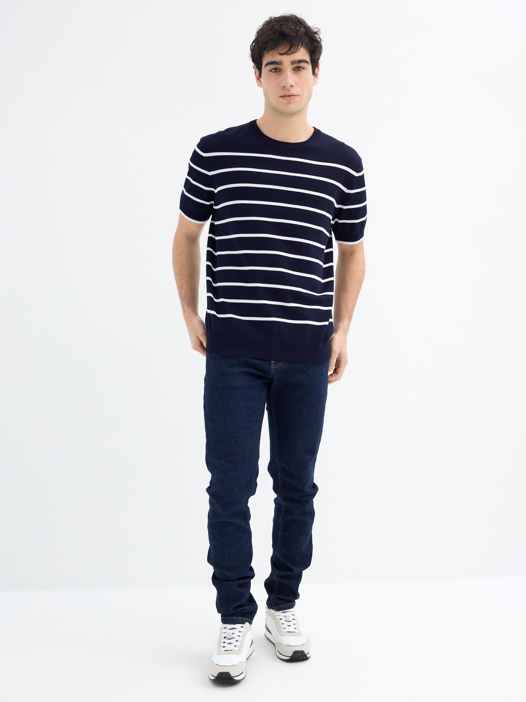 Short sleeve striped knit shirt navy middle front view