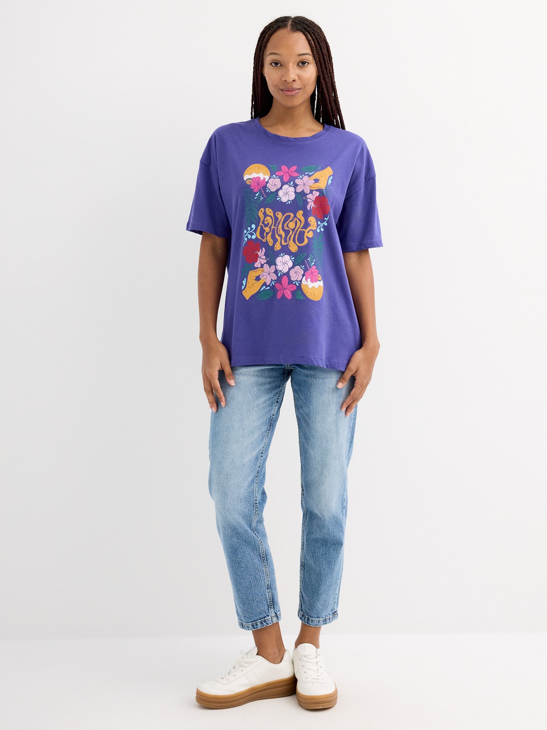 Tropical short-sleeve t-shirt steel blue middle front view