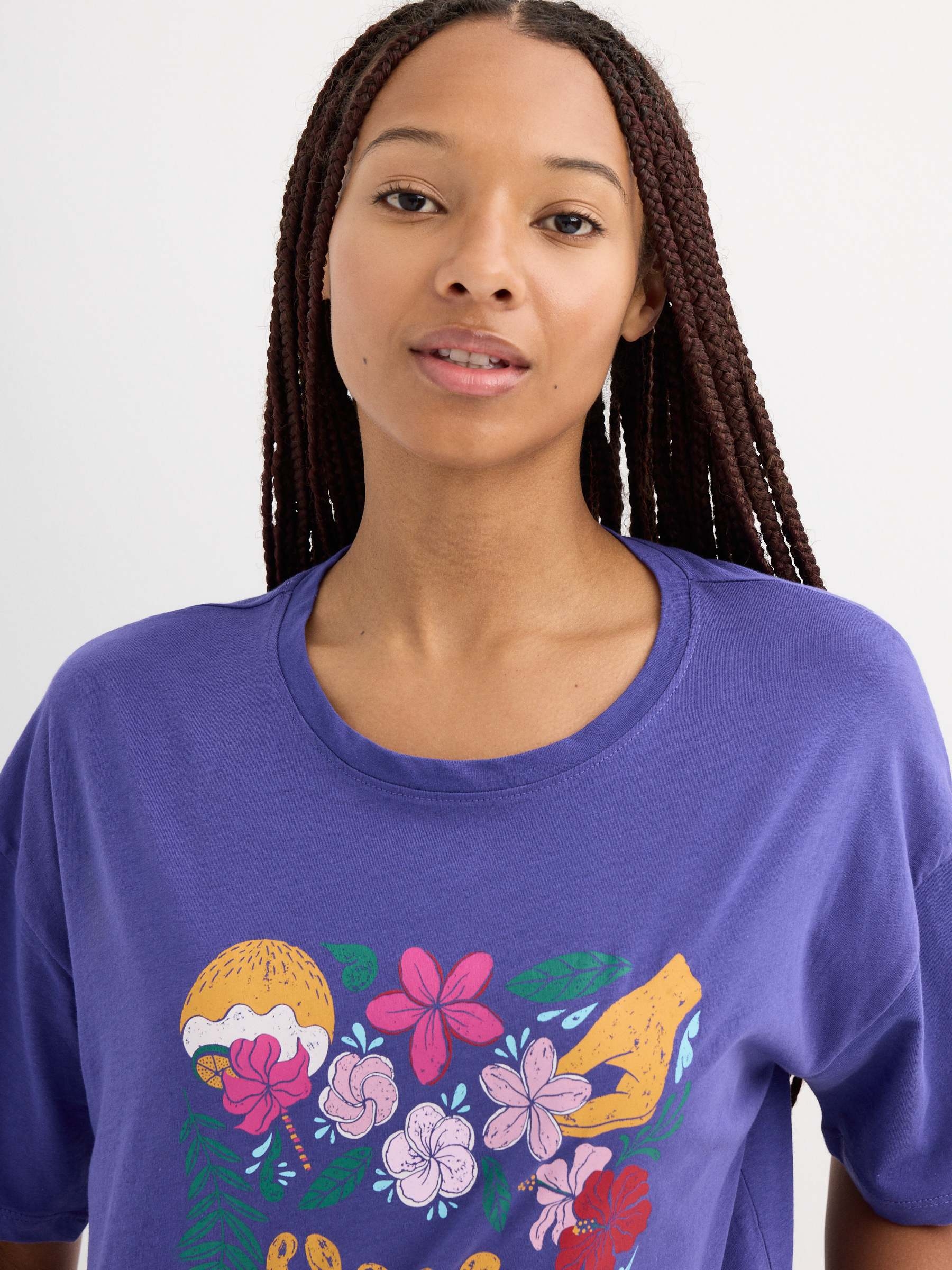 Tropical short-sleeve t-shirt steel blue middle front view