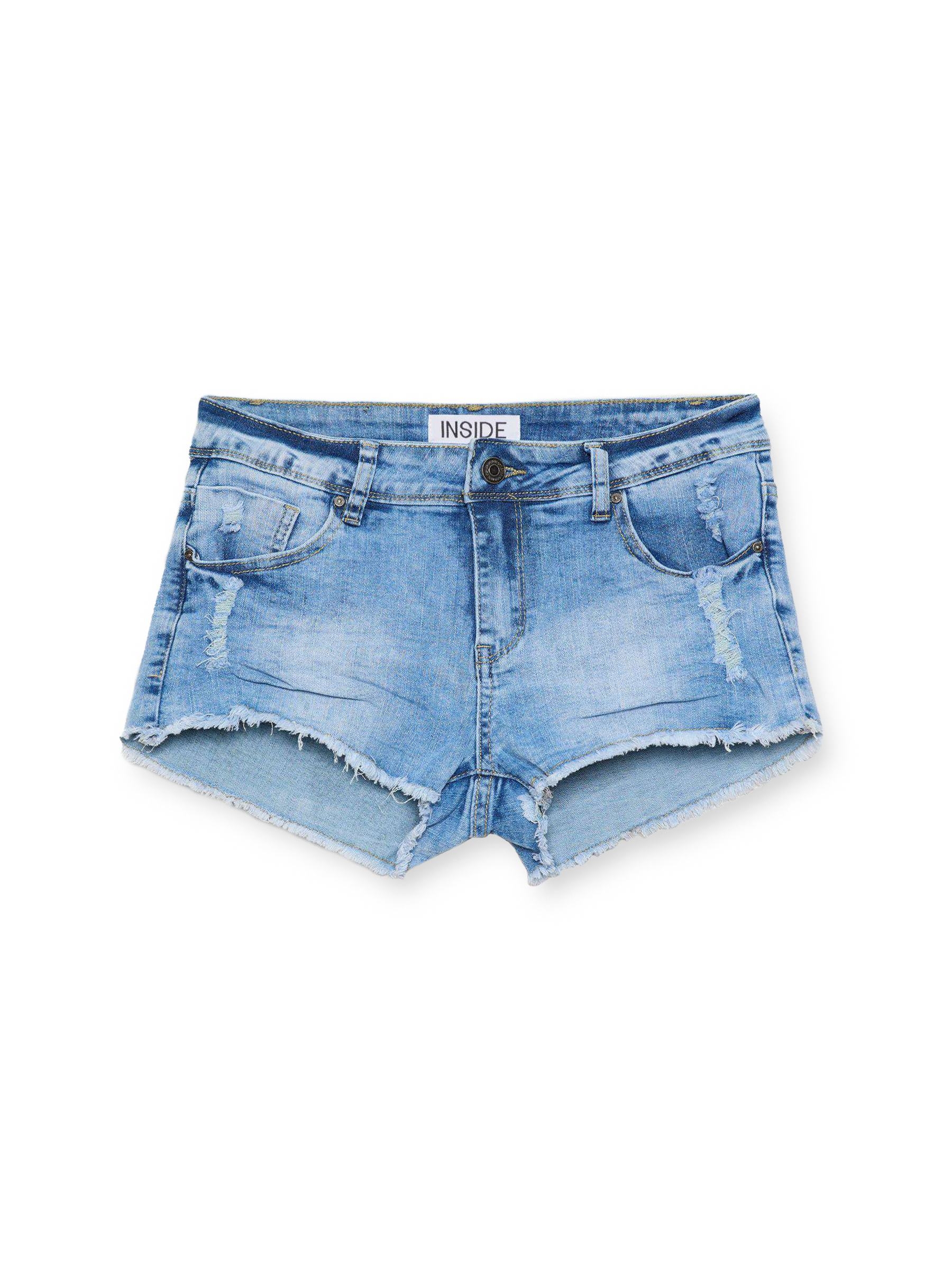 Short denim desgastado rotos azul vista media frontal