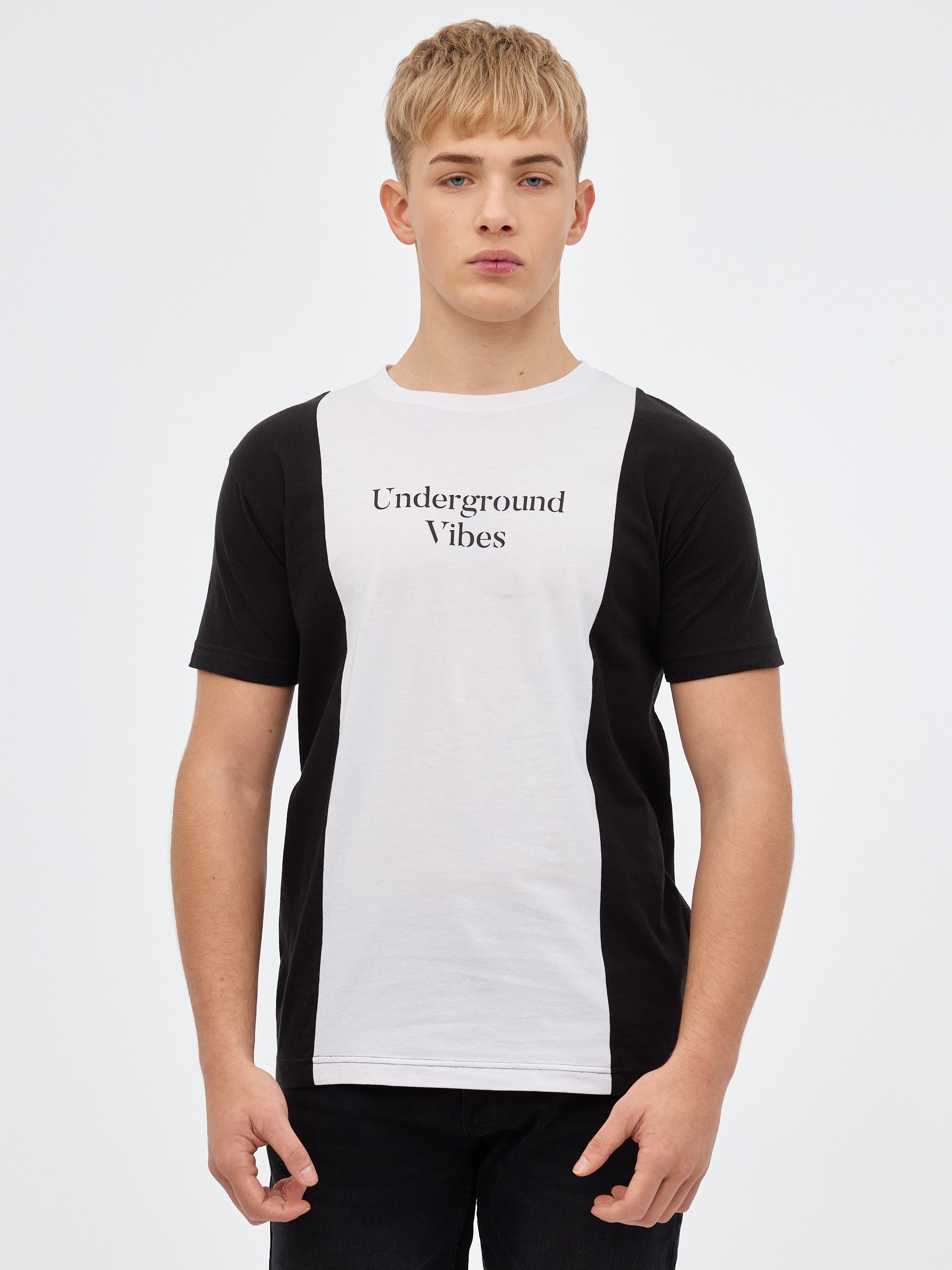 Minimalist colour block t-shirt black middle front view