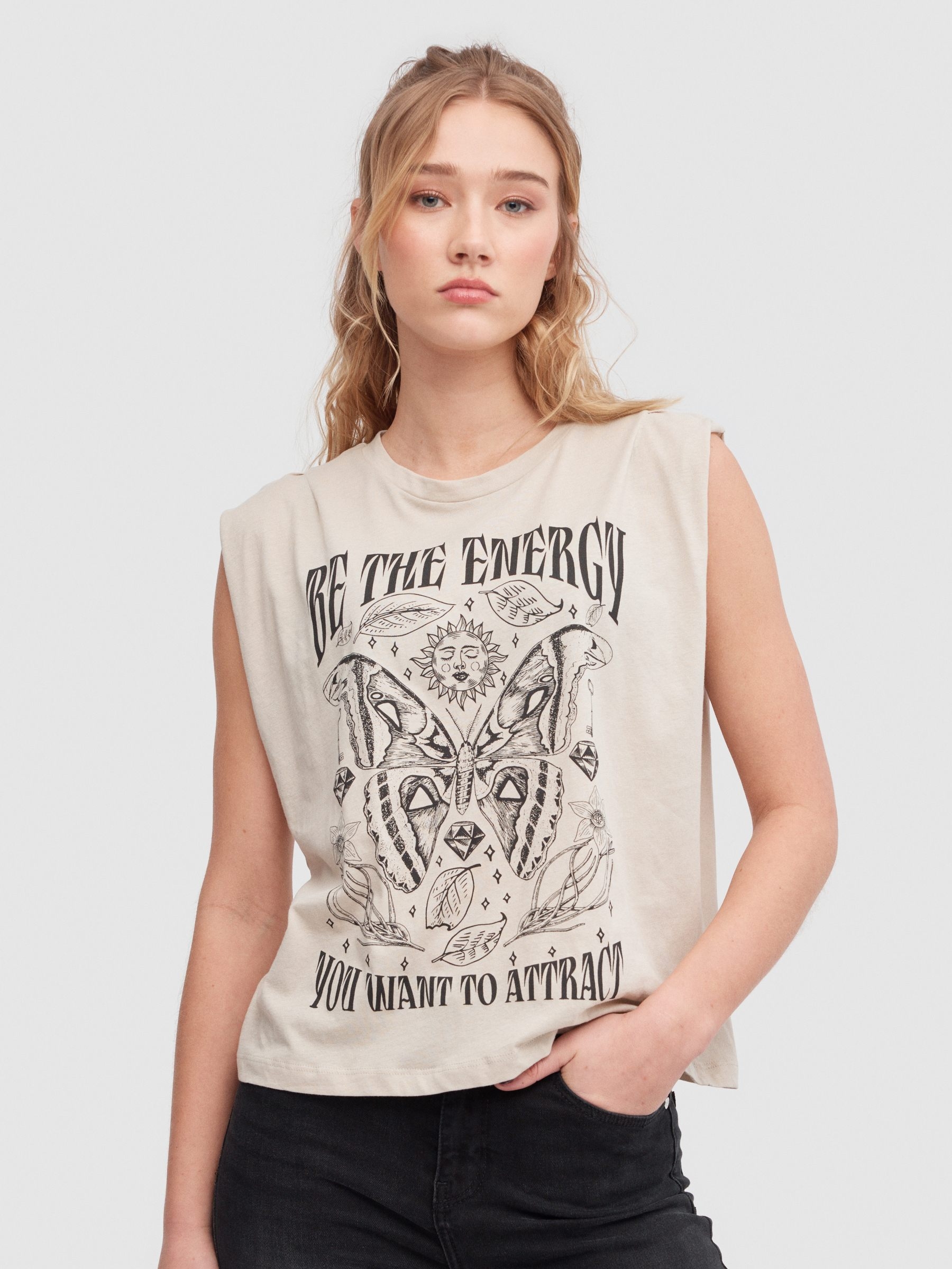 Camiseta sin mangas mariposa taupe vista media frontal