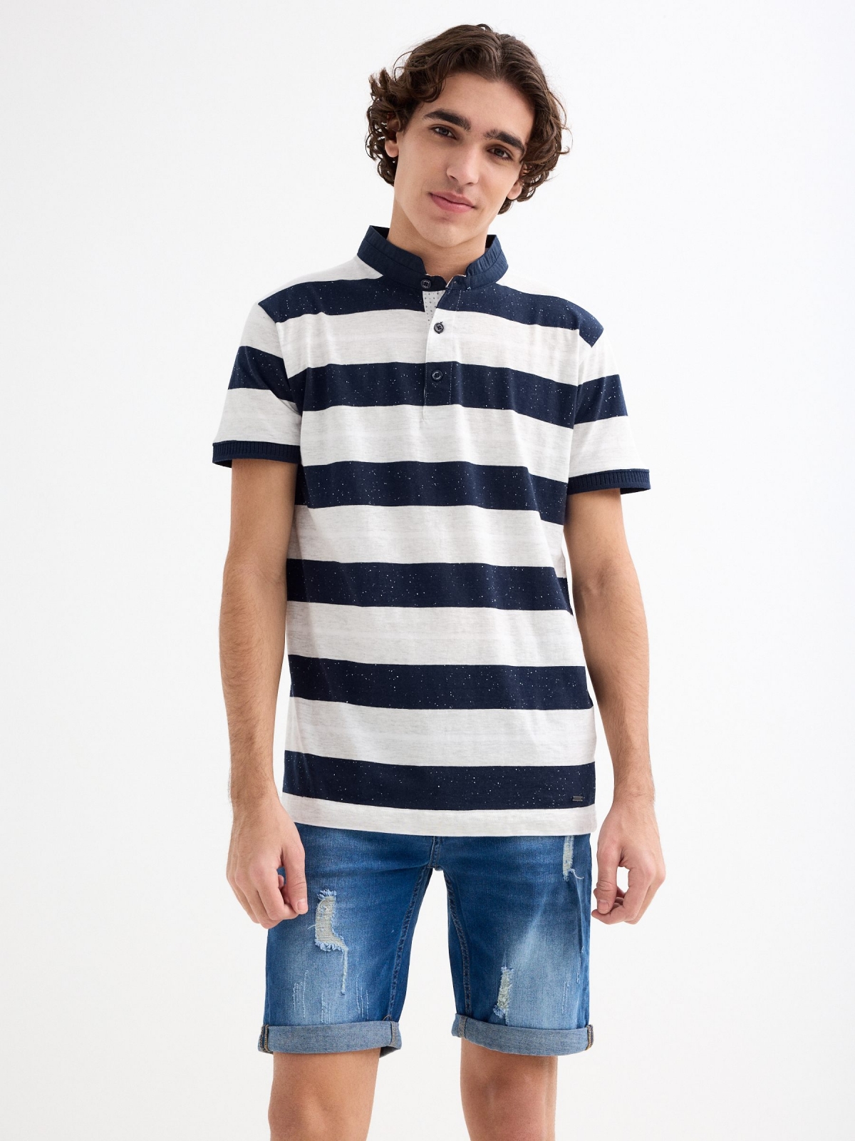 Mao collar striped polo shirt navy middle front view