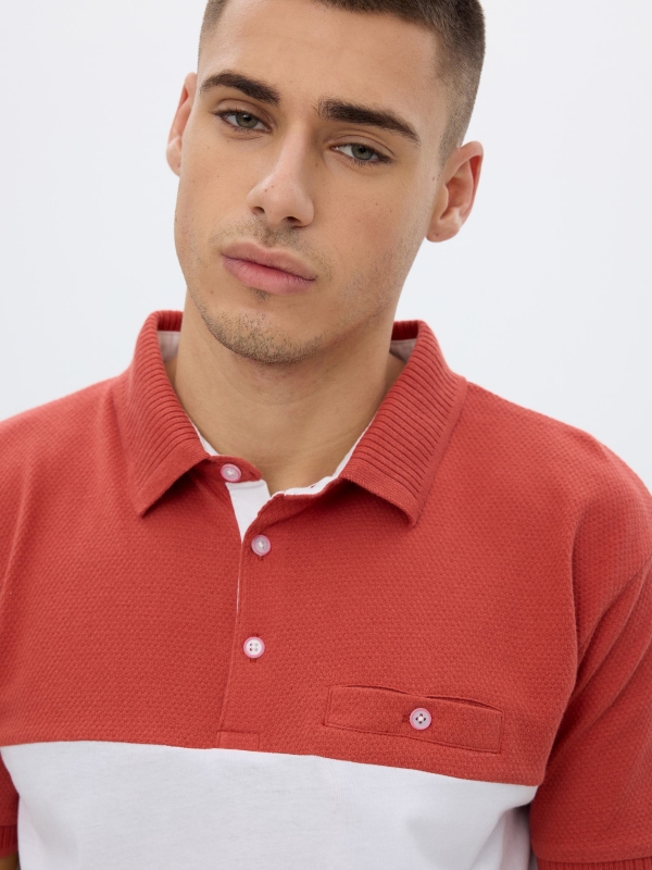 Woven striped polo shirt brick red